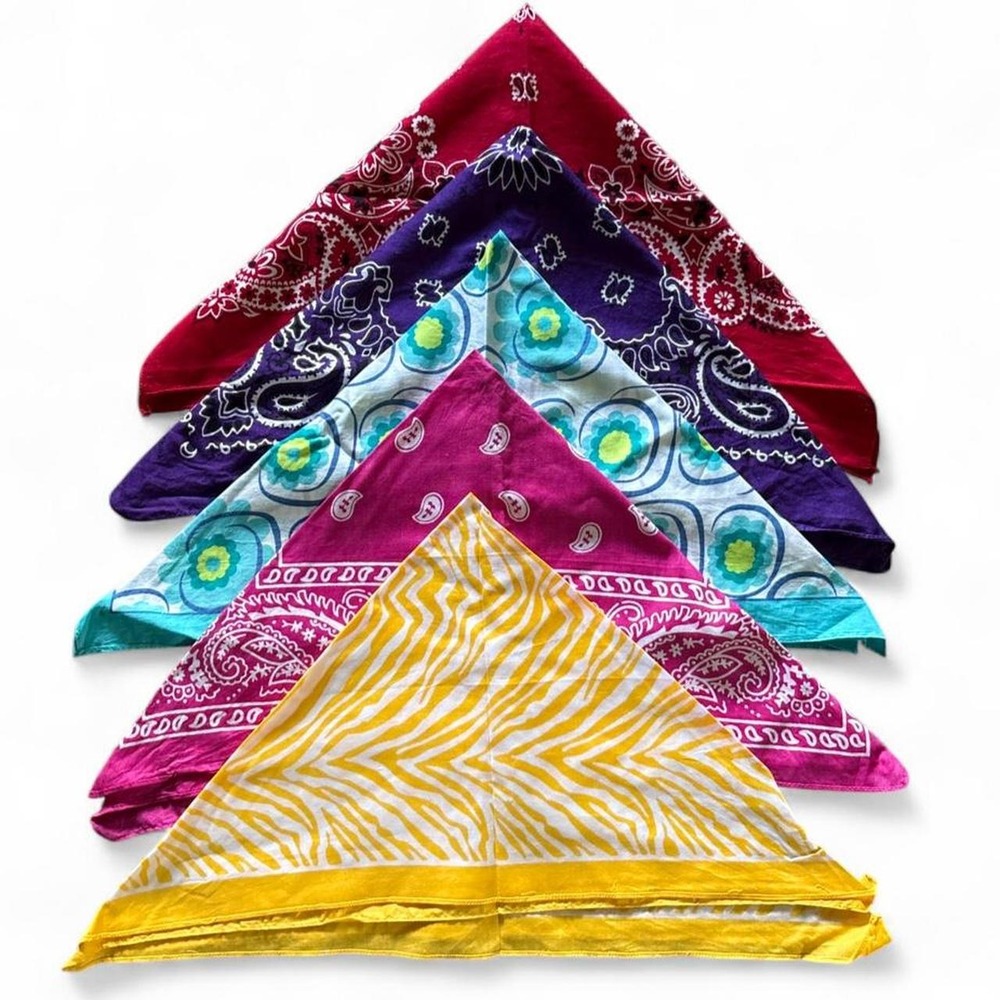 Multi-colored bandanas with yellow/white zebra stripes pink purple red paisley